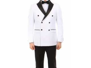 Double Breasted Slim Fit Tuxedo White with Black Satin Peak Lapel