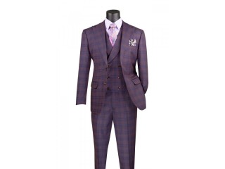 Modern Fit Windowpane Suit 3 Piece in Purple