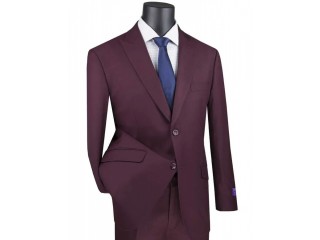 Burgundy Modern Fit 2 Piece Suit Textured Solid with Peak Lapel